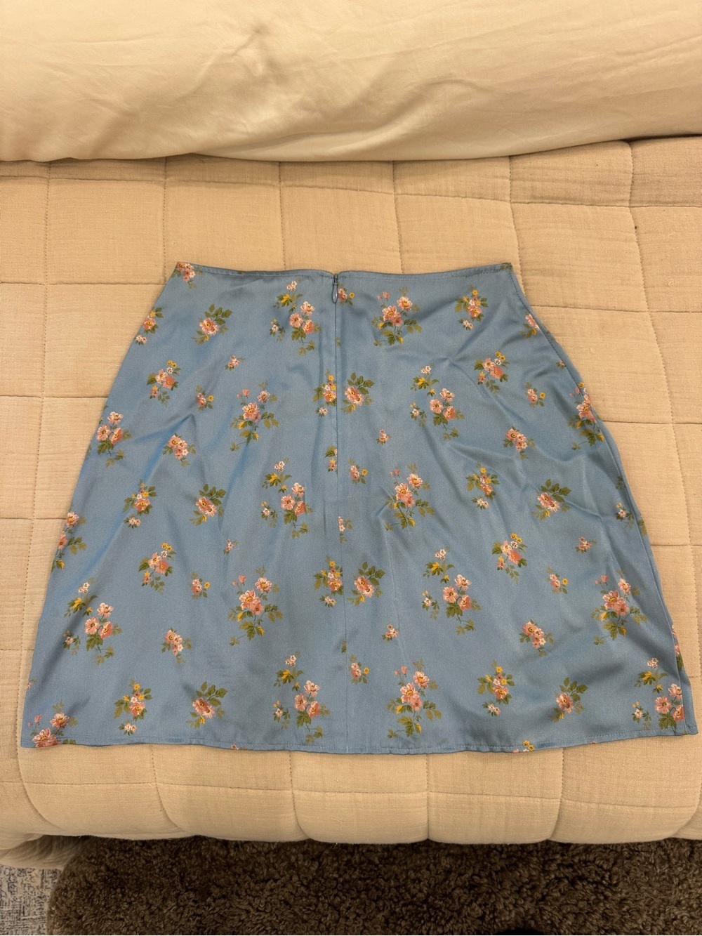 Reformation Satin Blue Floral A-Line Mini Skirt with Front Slit - Picture 3 of 4
